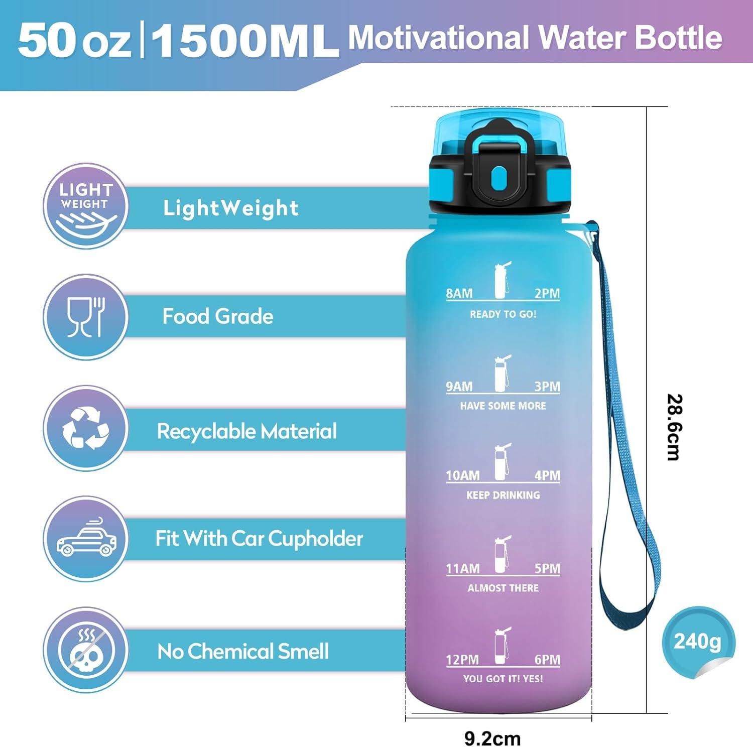 imageGourde Sport 1L Bouteille Rutilisable Gourde avec Paille et Marqueur de Temps Gourde sans BPA Bouteille Sport tanche Bouteille deau pour Sport Bureau Fitness Randonne Yoga Camping50oz1500ml Paille Bleu Violet