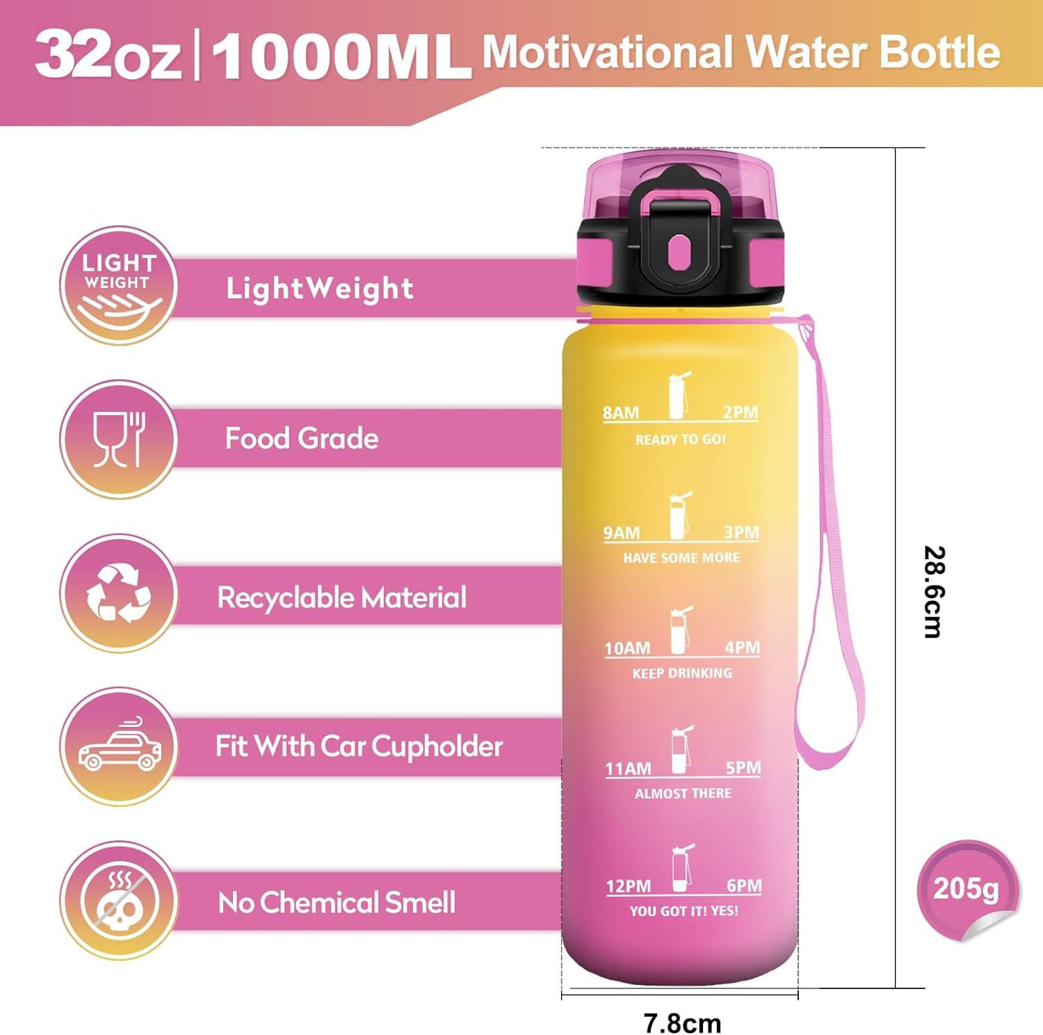 imageGourde Sport 1L Bouteille Rutilisable Gourde avec Paille et Marqueur de Temps Gourde sans BPA Bouteille Sport tanche Bouteille deau pour Sport Bureau Fitness Randonne Yoga Camping32oz1000ml Paille Jaune Rose