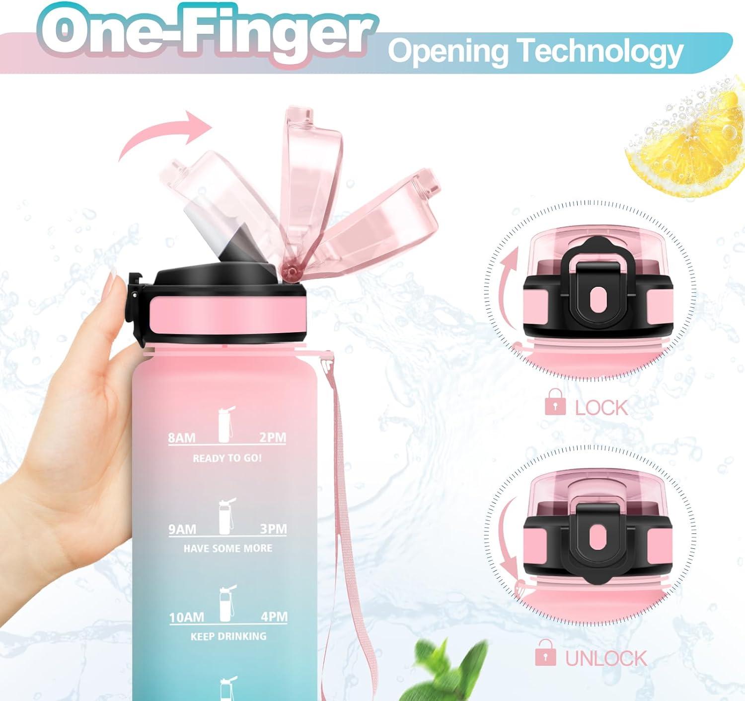 imageGourde Sport 1L Bouteille Rutilisable Gourde avec Paille et Marqueur de Temps Gourde sans BPA Bouteille Sport tanche Bouteille deau pour Sport Bureau Fitness Randonne Yoga Camping32oz1000ml Paille Rose Cyan