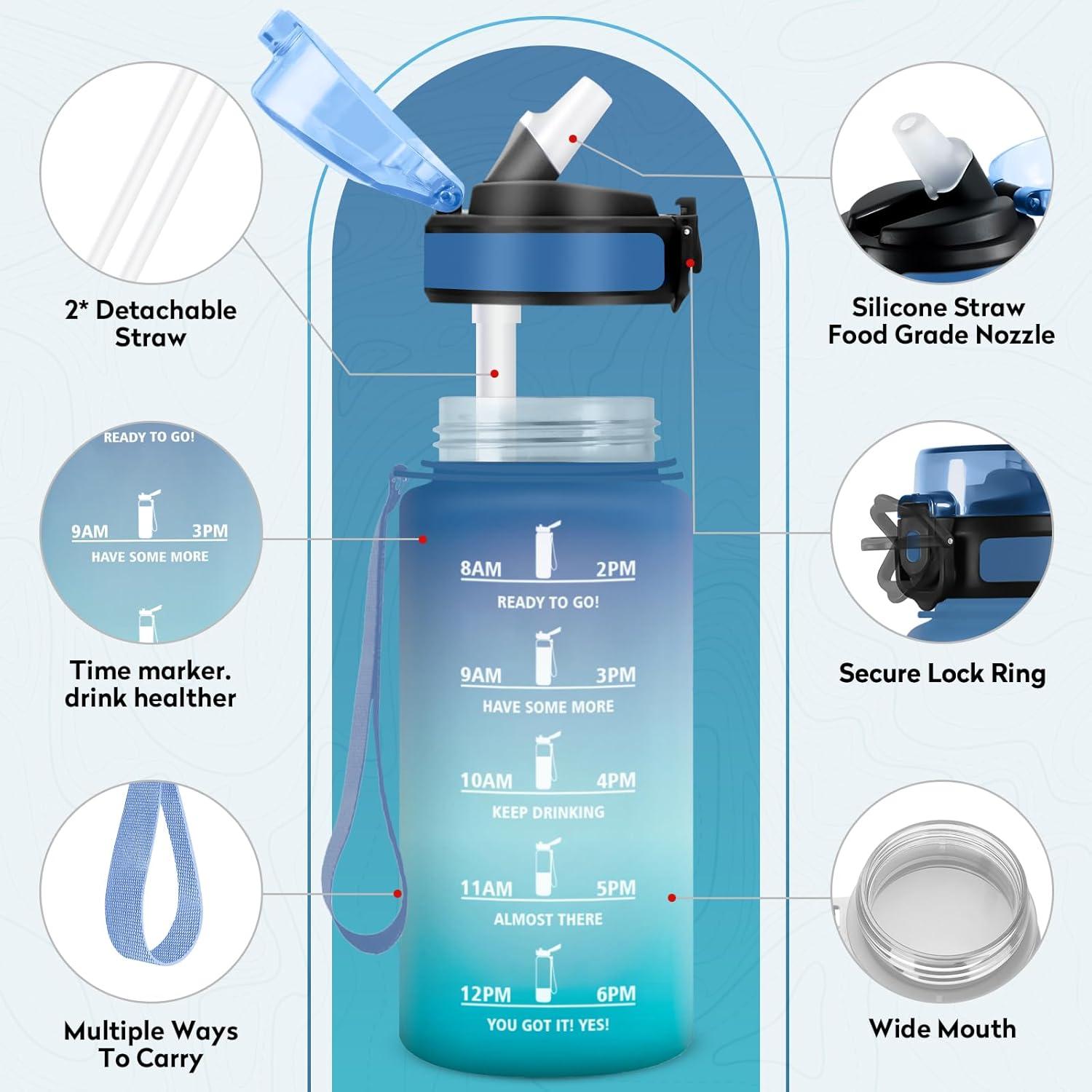 imageGourde Sport 1L Bouteille Rutilisable Gourde avec Paille et Marqueur de Temps Gourde sans BPA Bouteille Sport tanche Bouteille deau pour Sport Bureau Fitness Randonne Yoga Camping17oz500ml Paille Bleu Vert