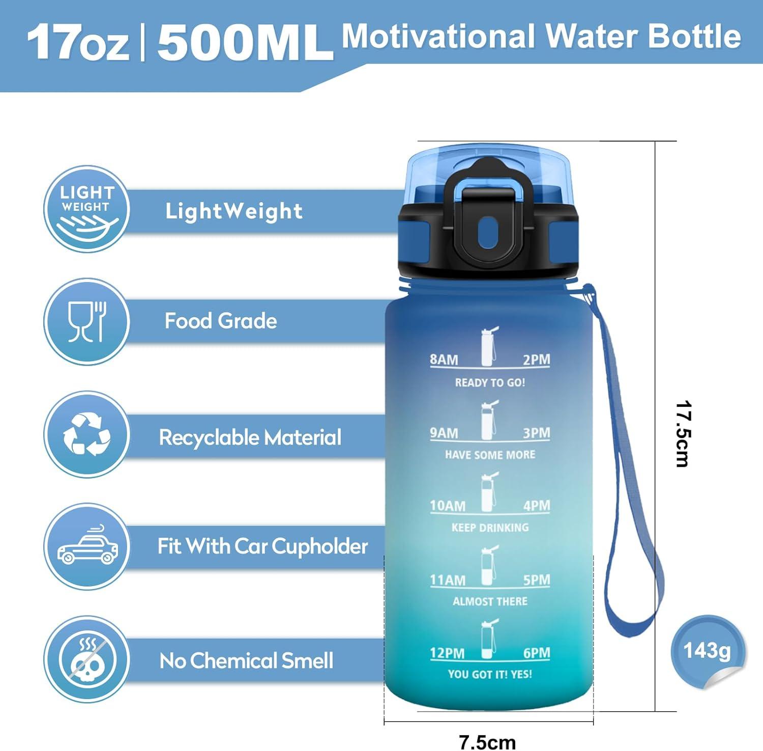 imageGourde Sport 1L Bouteille Rutilisable Gourde avec Paille et Marqueur de Temps Gourde sans BPA Bouteille Sport tanche Bouteille deau pour Sport Bureau Fitness Randonne Yoga Camping17oz500ml Paille Bleu Vert