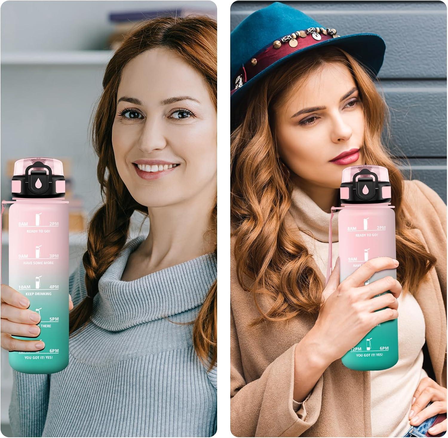 imageGourde Sport 1L Gourde avec Filtre sans BPA Bouteille deau de Motivation avec Marqueur de Temps tanche et Rutilisable Bouteille Rutilisable pour lcole Sport Bureau Yoga Camping32oz1000ml Rose Cyan