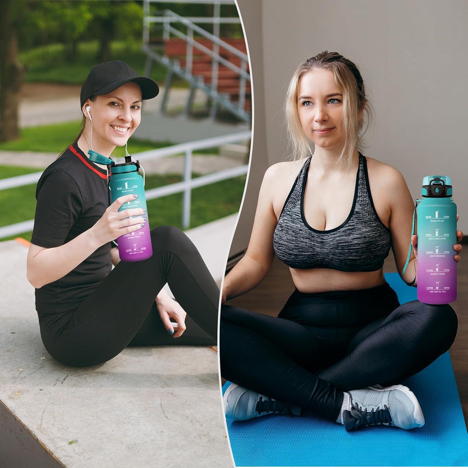 imageGourde Sport 1L Gourde avec Filtre sans BPA Bouteille deau de Motivation avec Marqueur de Temps tanche et Rutilisable Bouteille Rutilisable pour lcole Sport Bureau Yoga Camping50oz1500ml Vert Rose Clair