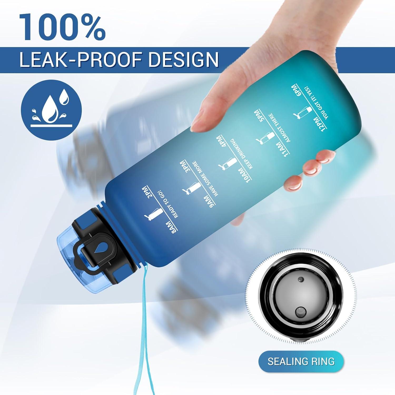 imageGourde Sport 1L Gourde avec Filtre sans BPA Bouteille deau de Motivation avec Marqueur de Temps tanche et Rutilisable Bouteille Rutilisable pour lcole Sport Bureau Yoga Camping50oz1500ml Bleu Vert