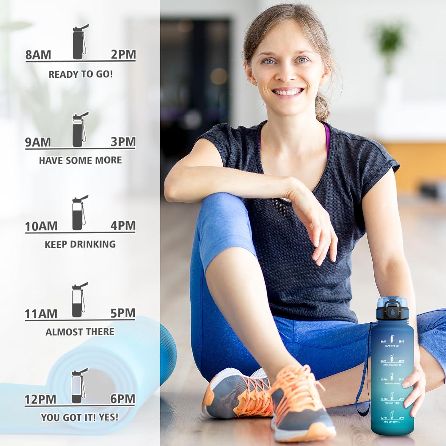 imageGourde Sport 1L Gourde avec Filtre sans BPA Bouteille deau de Motivation avec Marqueur de Temps tanche et Rutilisable Bouteille Rutilisable pour lcole Sport Bureau Yoga Camping50oz1500ml Bleu Vert