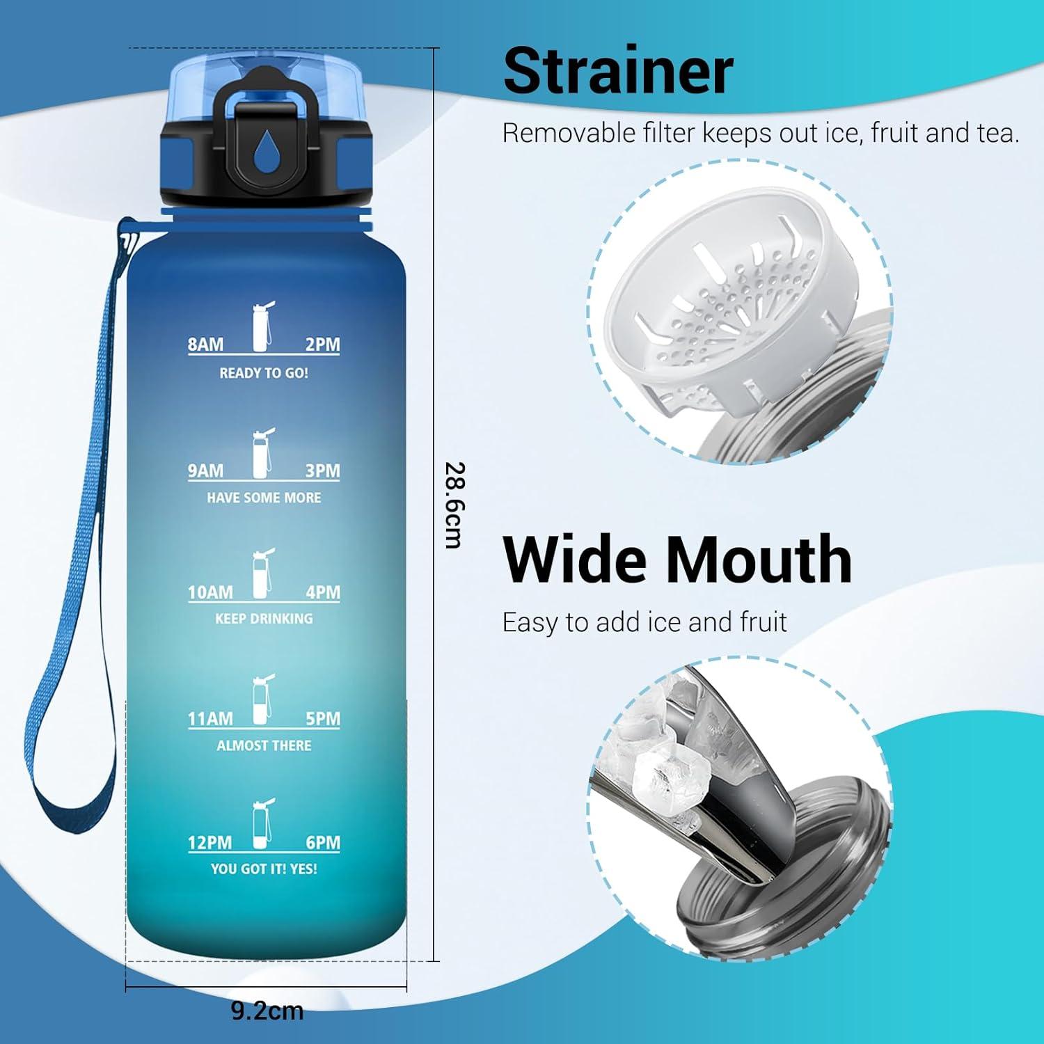 imageGourde Sport 1L Gourde avec Filtre sans BPA Bouteille deau de Motivation avec Marqueur de Temps tanche et Rutilisable Bouteille Rutilisable pour lcole Sport Bureau Yoga Camping50oz1500ml Bleu Vert