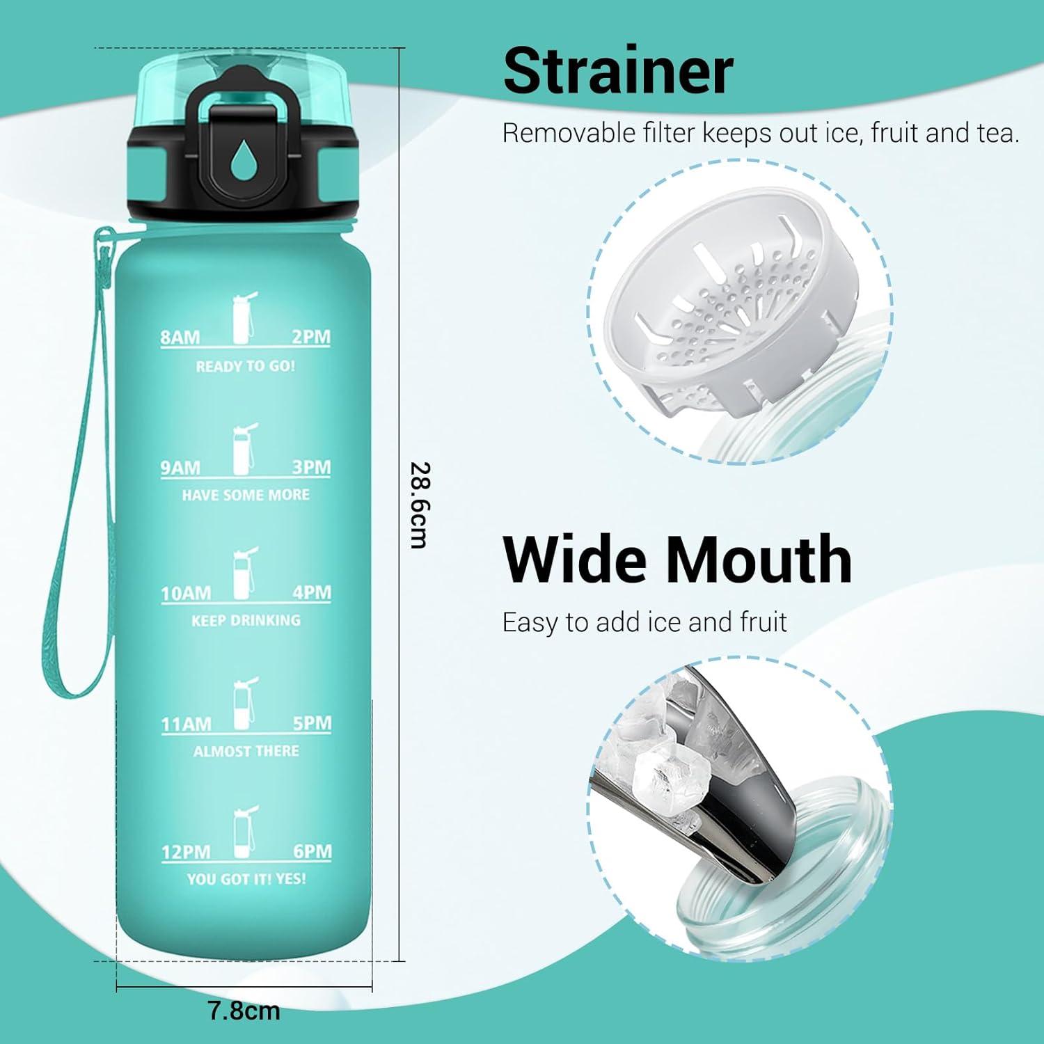 imageGourde Sport 1L Gourde avec Filtre sans BPA Bouteille deau de Motivation avec Marqueur de Temps tanche et Rutilisable Bouteille Rutilisable pour lcole Sport Bureau Yoga Camping32oz1000ml Mat Bleuvert