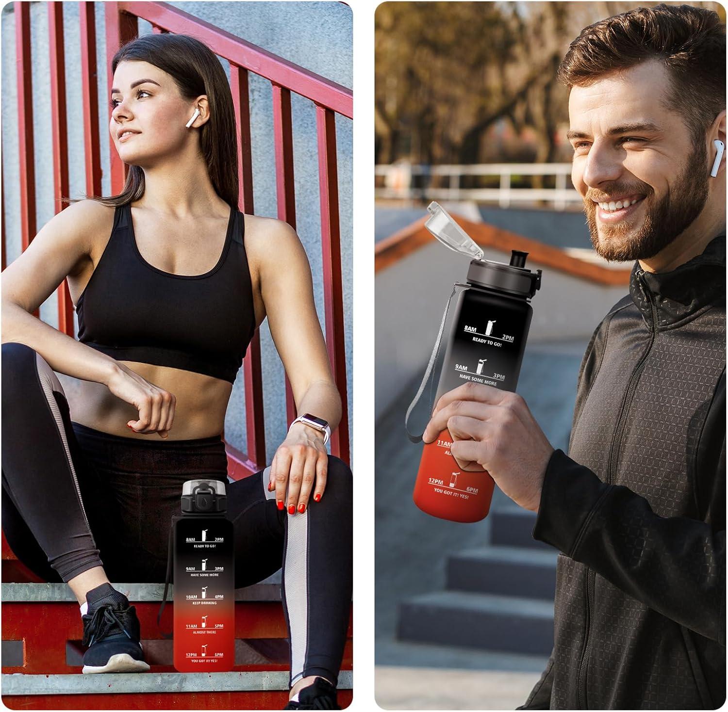 imageGourde Sport 1L Gourde avec Filtre sans BPA Bouteille deau de Motivation avec Marqueur de Temps tanche et Rutilisable Bouteille Rutilisable pour lcole Sport Bureau Yoga Camping50oz1500ml Noir Rouge