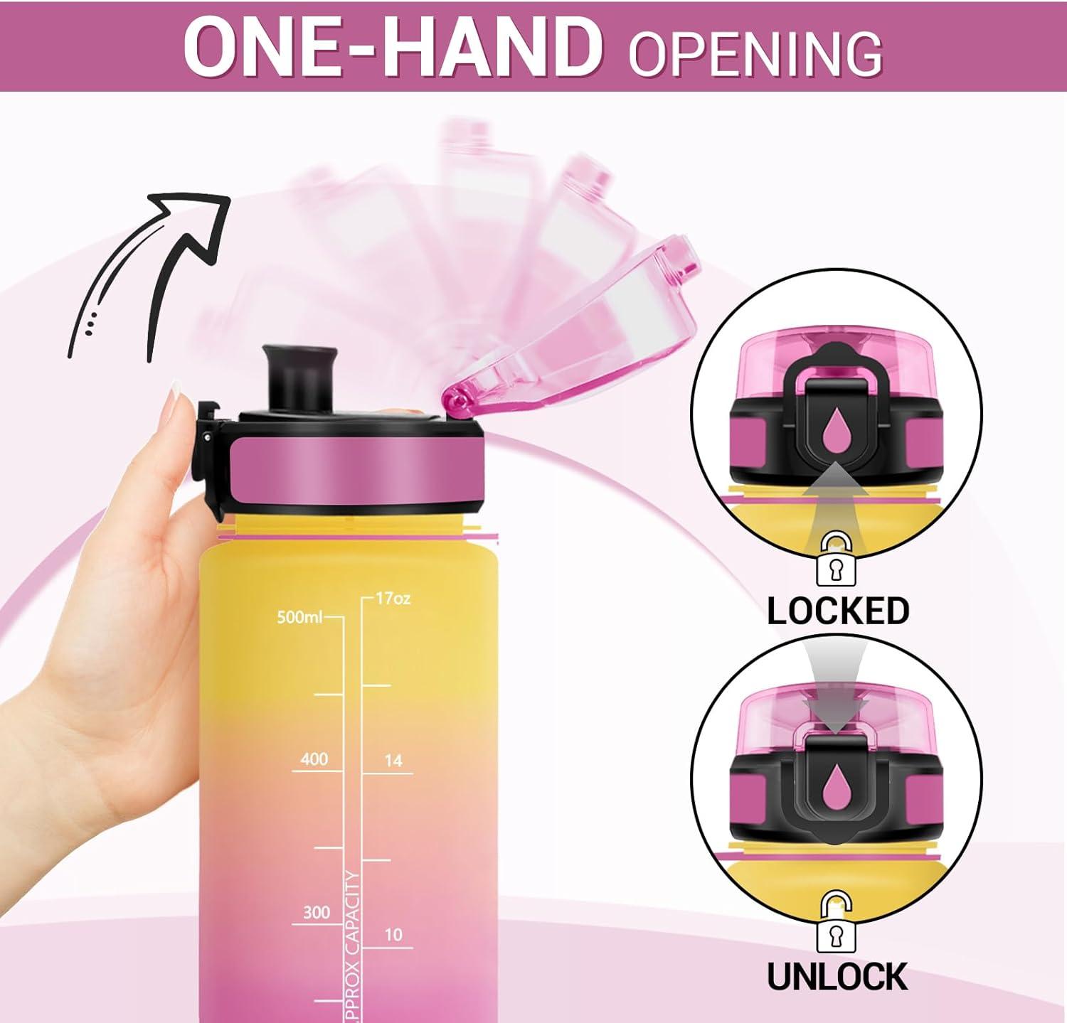 imageGourde Sport 1L Gourde avec Filtre sans BPA Bouteille deau de Motivation avec Marqueur de Temps tanche et Rutilisable Bouteille Rutilisable pour lcole Sport Bureau Yoga Camping17oz500ml Jaune Rose