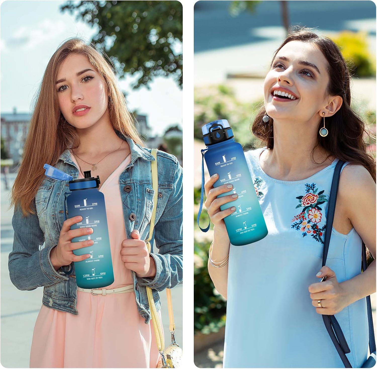 imageGourde Sport 1L Gourde avec Filtre sans BPA Bouteille deau de Motivation avec Marqueur de Temps tanche et Rutilisable Bouteille Rutilisable pour lcole Sport Bureau Yoga Camping50oz1500ml Bleu Vert