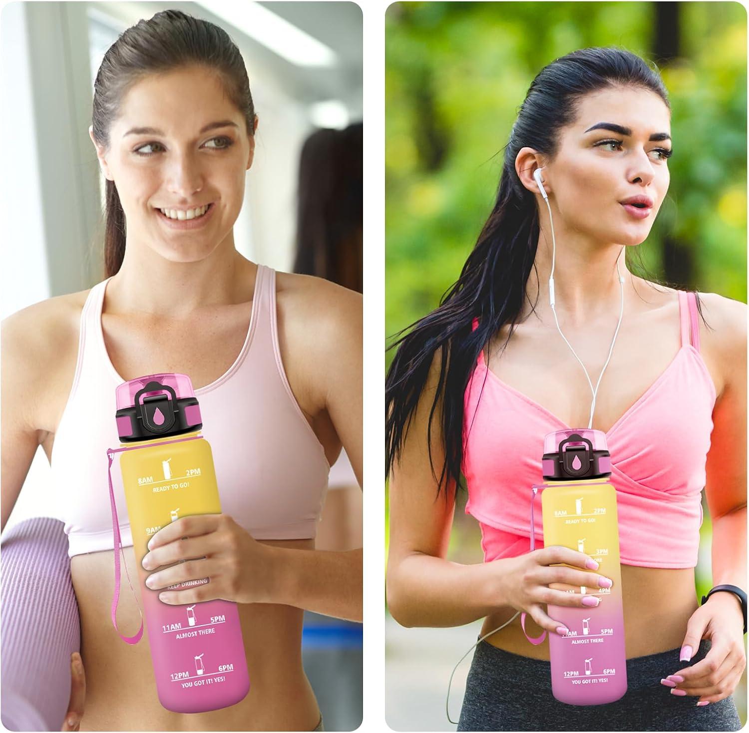 imageGourde Sport 1L Gourde avec Filtre sans BPA Bouteille deau de Motivation avec Marqueur de Temps tanche et Rutilisable Bouteille Rutilisable pour lcole Sport Bureau Yoga Camping32oz1000ml Jaune Rose
