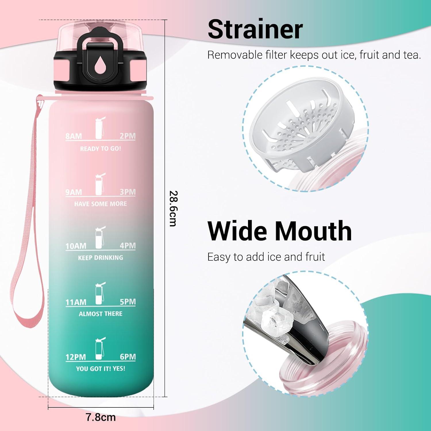 imageGourde Sport 1L Gourde avec Filtre sans BPA Bouteille deau de Motivation avec Marqueur de Temps tanche et Rutilisable Bouteille Rutilisable pour lcole Sport Bureau Yoga Camping32oz1000ml Rose Cyan