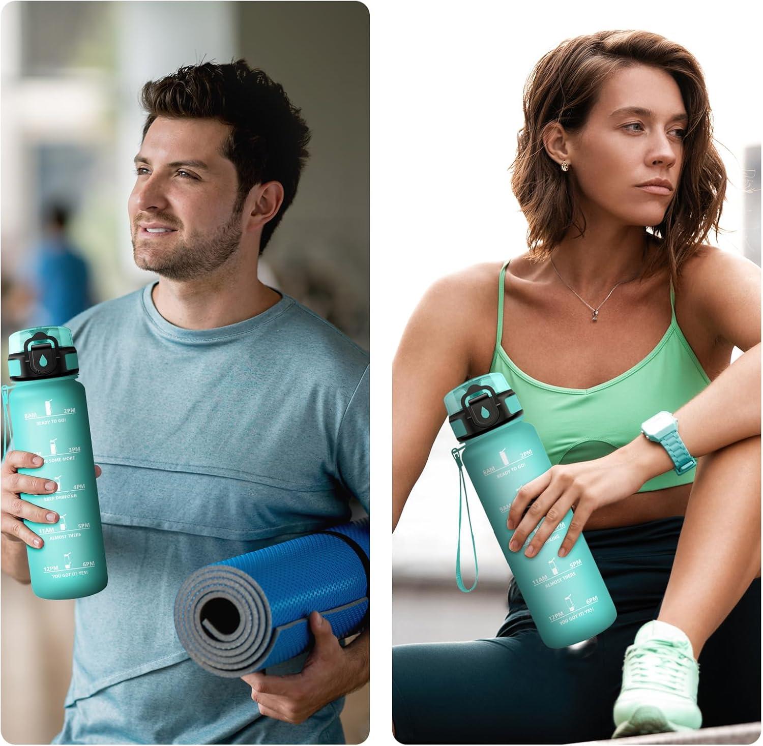 imageGourde Sport 1L Gourde avec Filtre sans BPA Bouteille deau de Motivation avec Marqueur de Temps tanche et Rutilisable Bouteille Rutilisable pour lcole Sport Bureau Yoga Camping32oz1000ml Mat Bleuvert
