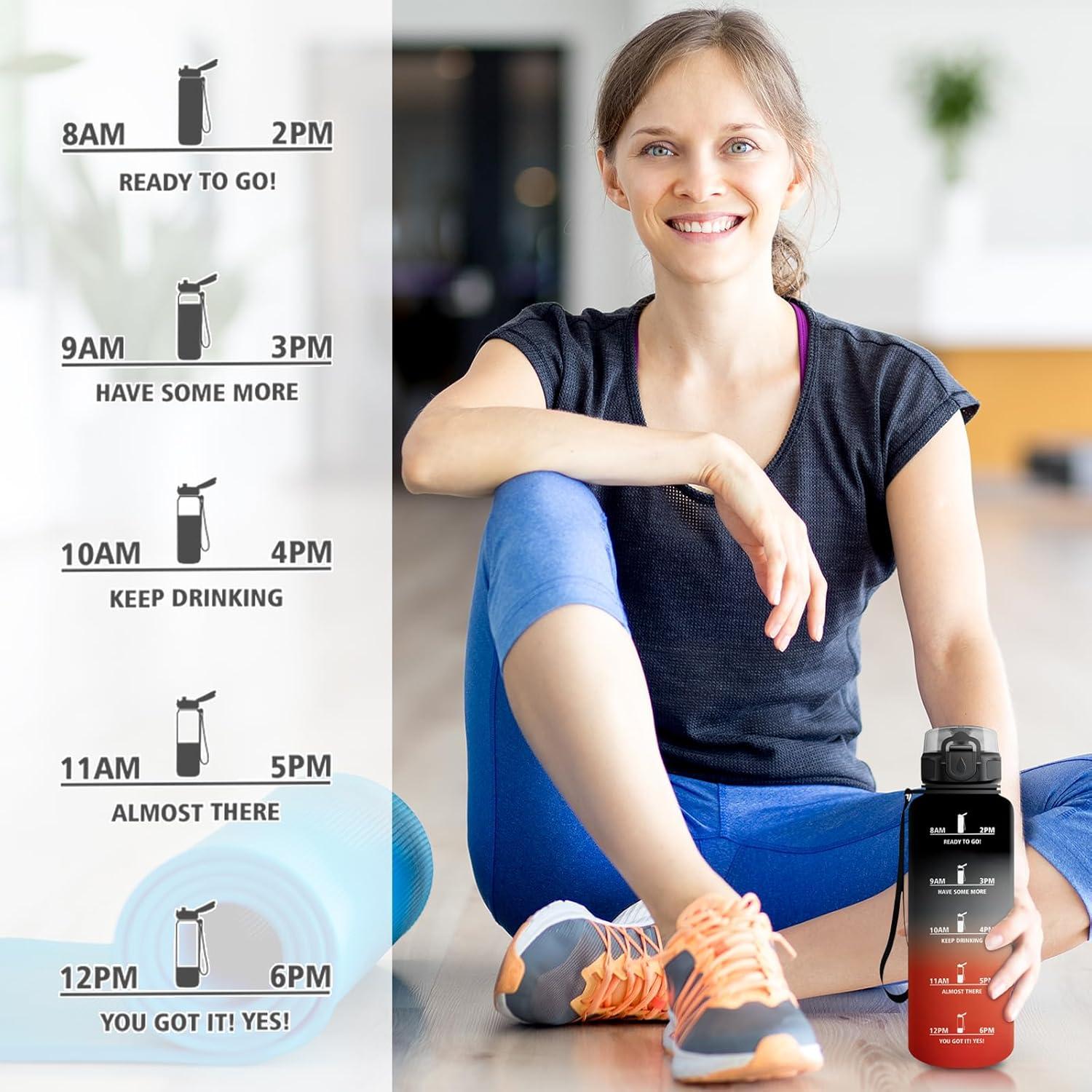 imageGourde Sport 1L Gourde avec Filtre sans BPA Bouteille deau de Motivation avec Marqueur de Temps tanche et Rutilisable Bouteille Rutilisable pour lcole Sport Bureau Yoga Camping50oz1500ml Noir Rouge