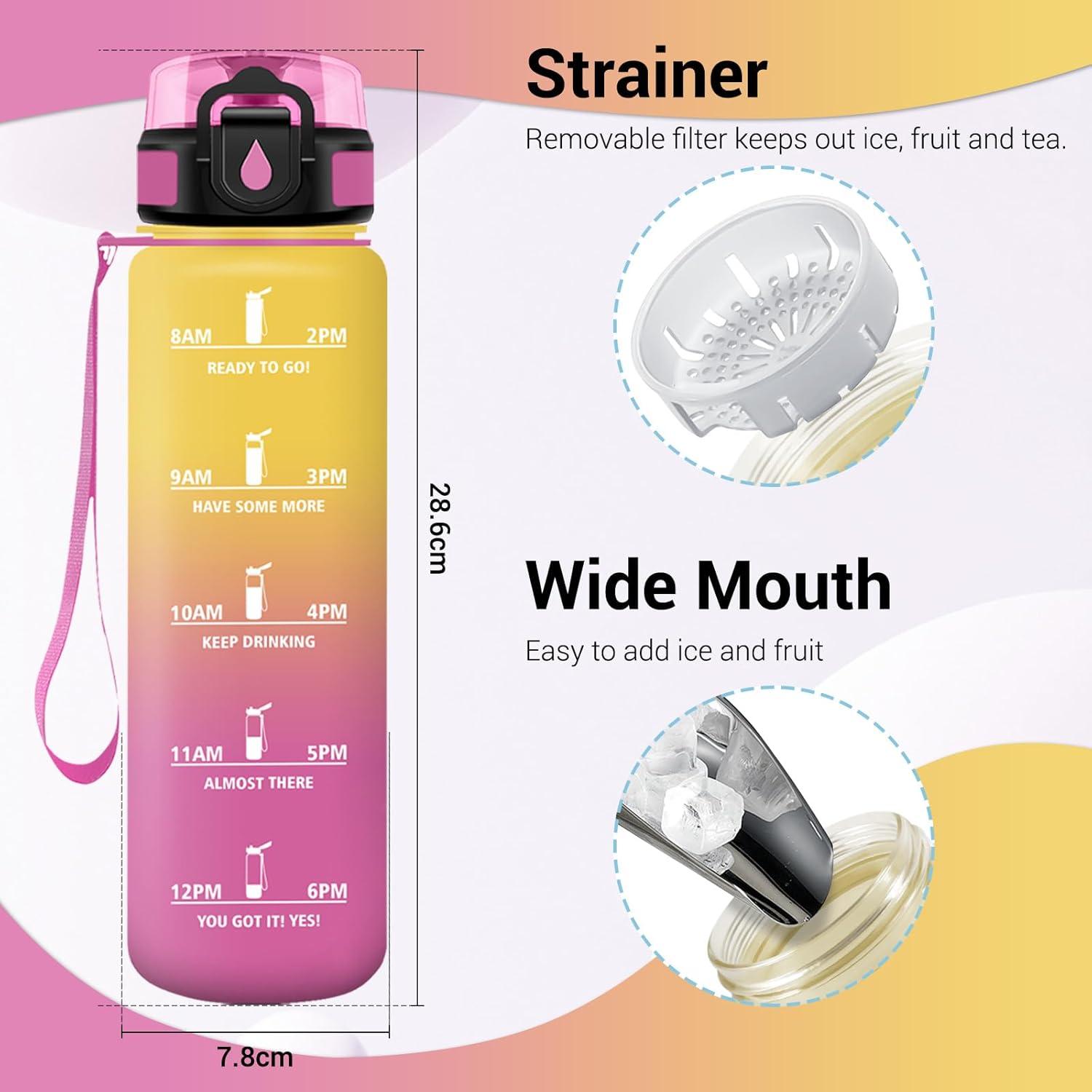imageGourde Sport 1L Gourde avec Filtre sans BPA Bouteille deau de Motivation avec Marqueur de Temps tanche et Rutilisable Bouteille Rutilisable pour lcole Sport Bureau Yoga Camping32oz1000ml Jaune Rose