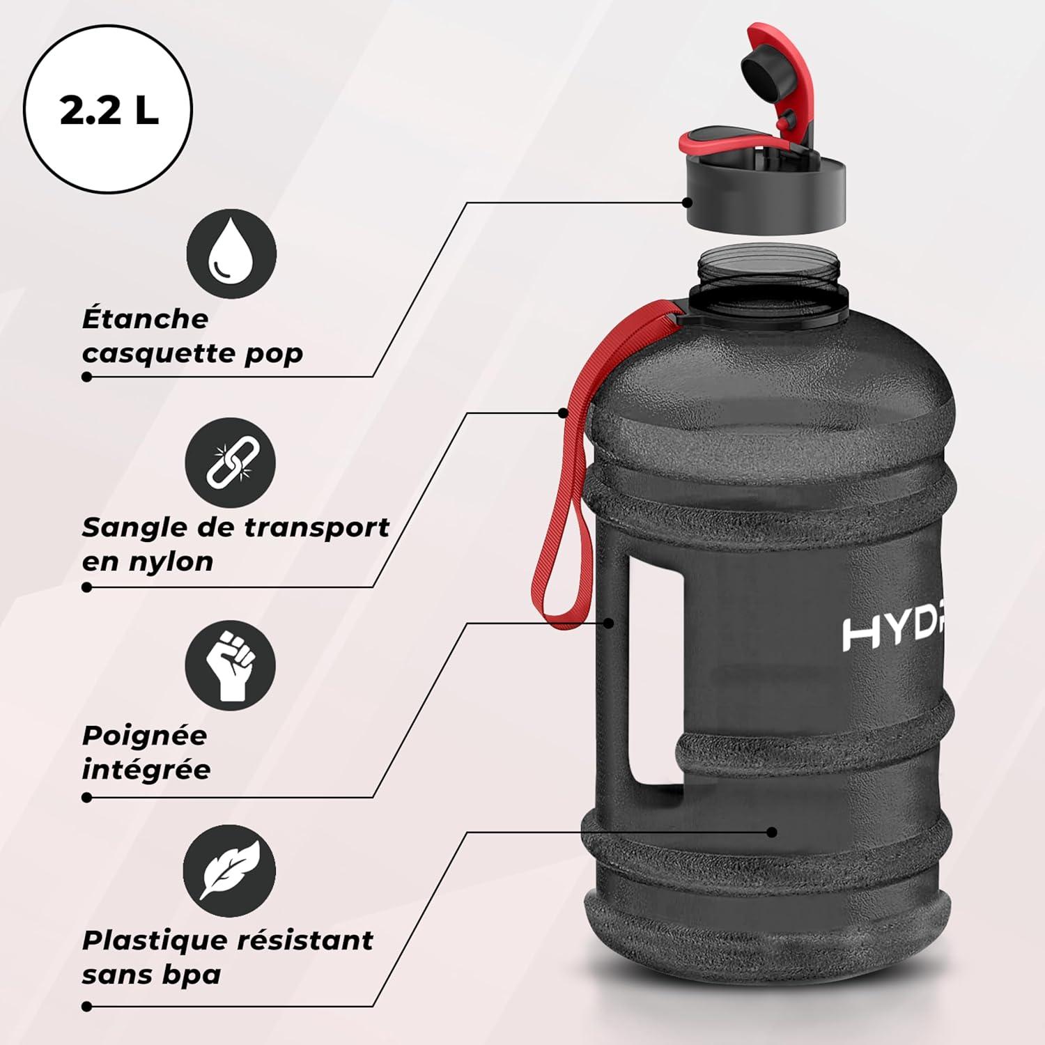 imageHYDRATE XL Bouteille deau 22 L Bouteille de Gym Avec Sangles de Transport Gourde Fitness Sans BPA Popup Bouchon pour le Sport le Yoga et les Activits de Plein Air Matte CamoNoir Transparent