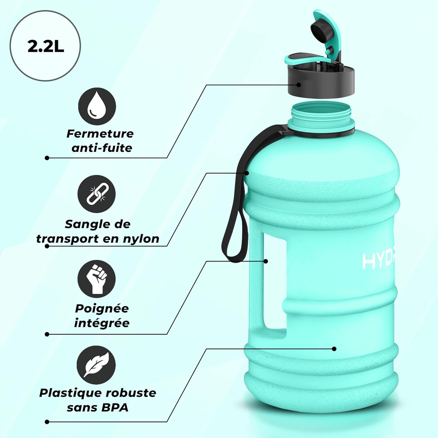 imageHYDRATE XL Bouteille deau 22 L Bouteille de Gym Avec Sangles de Transport Gourde Fitness Sans BPA Popup Bouchon pour le Sport le Yoga et les Activits de Plein Air Matte CamoNoir Mat