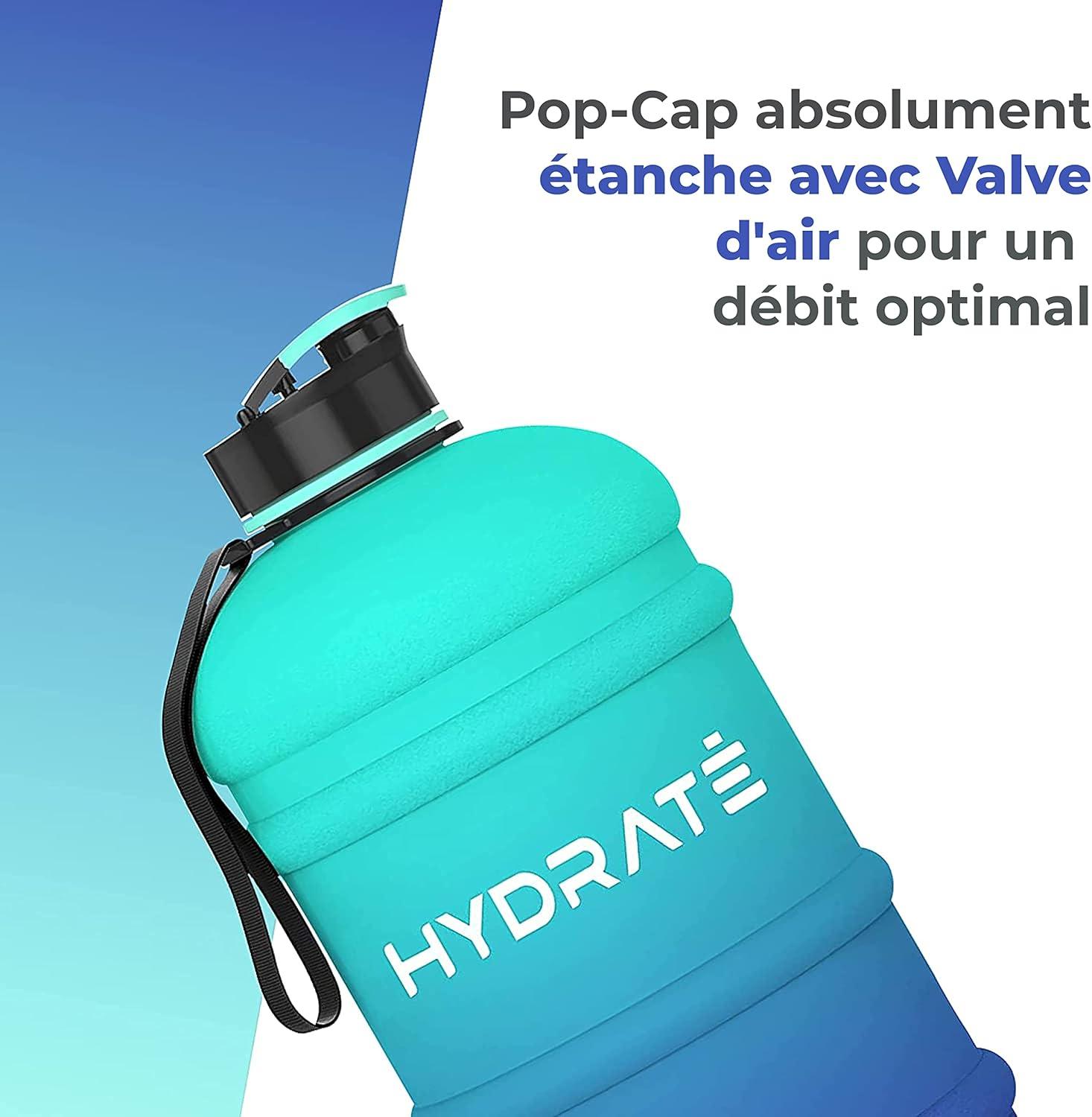 imageHYDRATE XL Bouteille deau 22 L Bouteille de Gym Avec Sangles de Transport Gourde Fitness Sans BPA Popup Bouchon pour le Sport le Yoga et les Activits de Plein Air Matte CamoBleu Lagon