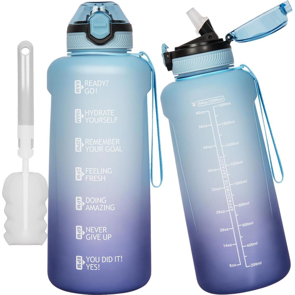 image2l 2 litres Tritan Sport Gourde Gradue avec Paille et Marqueur de Temps de Motivation 2000ml Grande Bouteille sans BPA eau pour Fitness Gym RandonneVoyageDgrad Bleu Violet Fonc