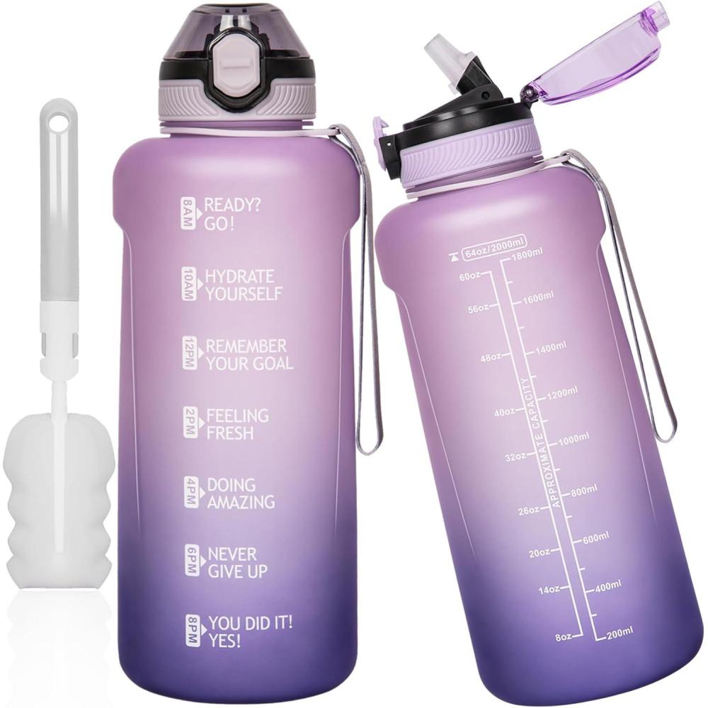 image2l 2 litres Tritan Sport Gourde Gradue avec Paille et Marqueur de Temps de Motivation 2000ml Grande Bouteille sans BPA eau pour Fitness Gym RandonneVoyageDgrad Violet Clair Violet Fonc