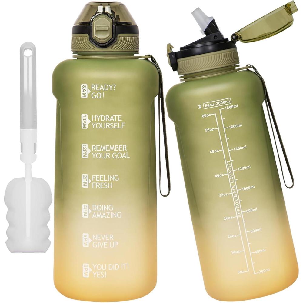image2l 2 litres Tritan Sport Gourde Gradue avec Paille et Marqueur de Temps de Motivation 2000ml Grande Bouteille sans BPA eau pour Fitness Gym RandonneVoyageDgrad Olive Jaune