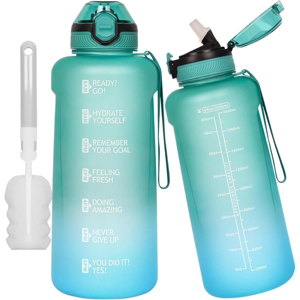 image2l 2 litres Tritan Sport Gourde Gradue avec Paille et Marqueur de Temps de Motivation 2000ml Grande Bouteille sans BPA eau pour Fitness Gym RandonneVoyageDgrad Vert Cyan