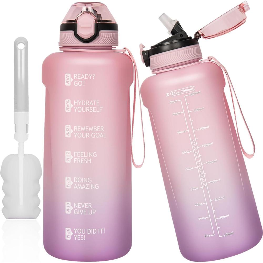image2l 2 litres Tritan Sport Gourde Gradue avec Paille et Marqueur de Temps de Motivation 2000ml Grande Bouteille sans BPA eau pour Fitness Gym RandonneVoyageDgrad Rose Violet