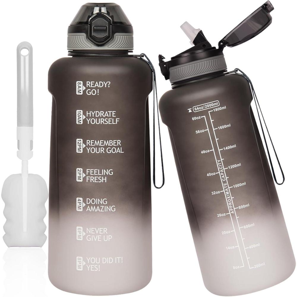 image2l 2 litres Tritan Sport Gourde Gradue avec Paille et Marqueur de Temps de Motivation 2000ml Grande Bouteille sans BPA eau pour Fitness Gym RandonneVoyageDgrad Noir Blanc