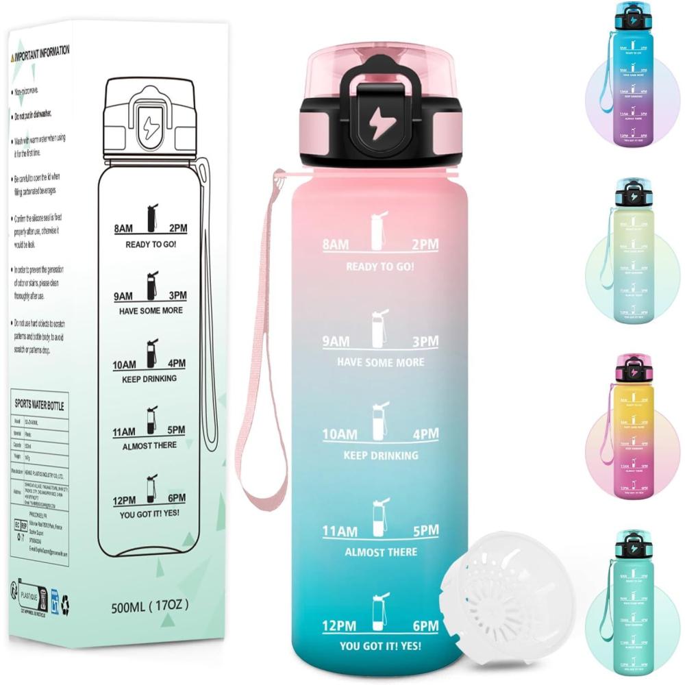 imageGourde 1000ML Sans BPA Gourde Motivation Avec Horodatage Bouteille Anti Fuite Conception de Verrouillage AntiFuite Bouteille plastique pour Yoga Aptitude Bleu marineRosecyan500ml