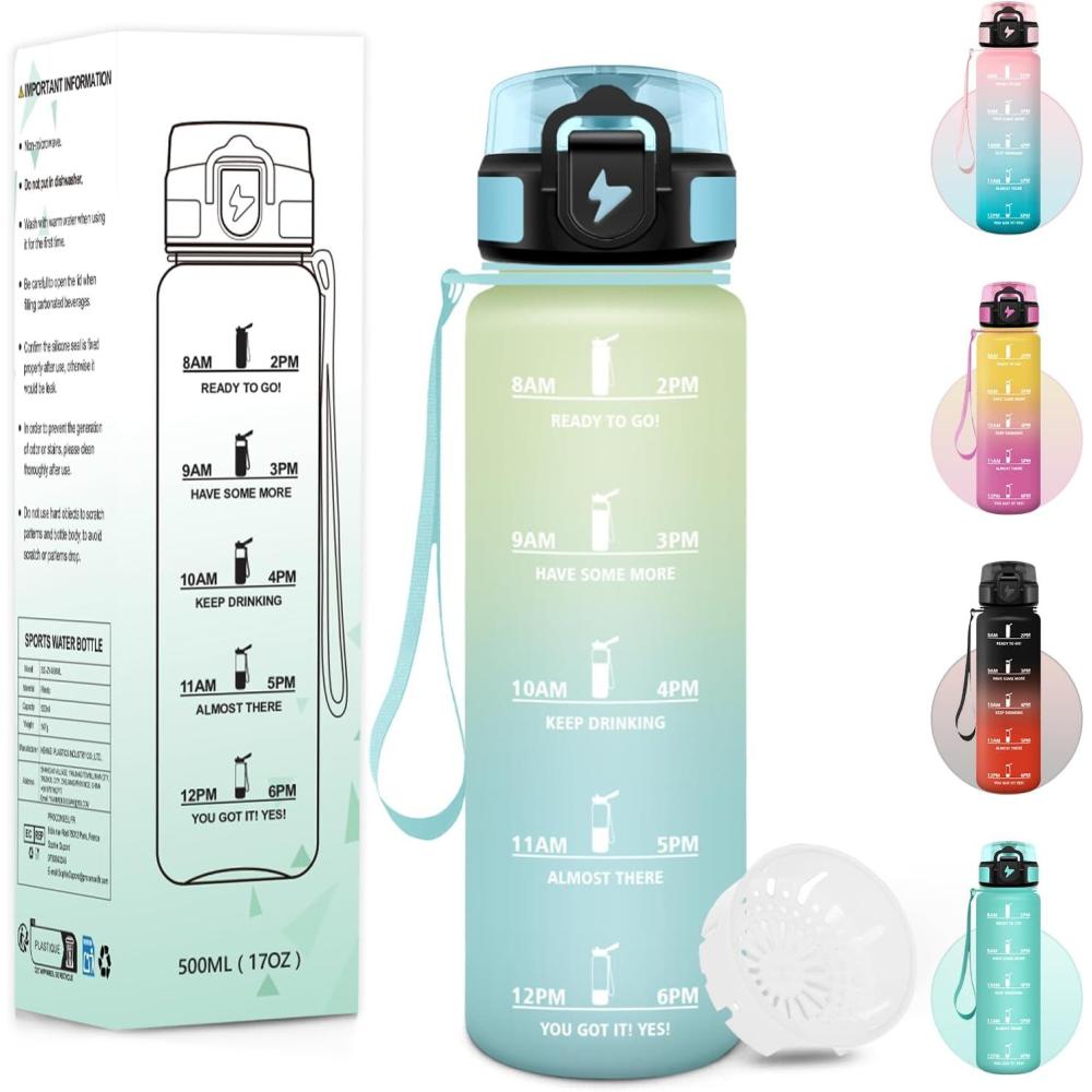 imageGourde 1000ML Sans BPA Gourde Motivation Avec Horodatage Bouteille Anti Fuite Conception de Verrouillage AntiFuite Bouteille plastique pour Yoga Aptitude  Bleu marineGivreciel500ml