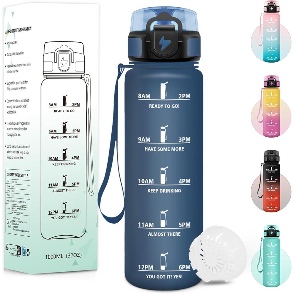 imageGourde 1000ML Sans BPA Gourde Motivation Avec Horodatage Bouteille Anti Fuite Conception de Verrouillage AntiFuite Bouteille plastique pour Yoga Aptitude Bleu marineBleu Marine1000ml