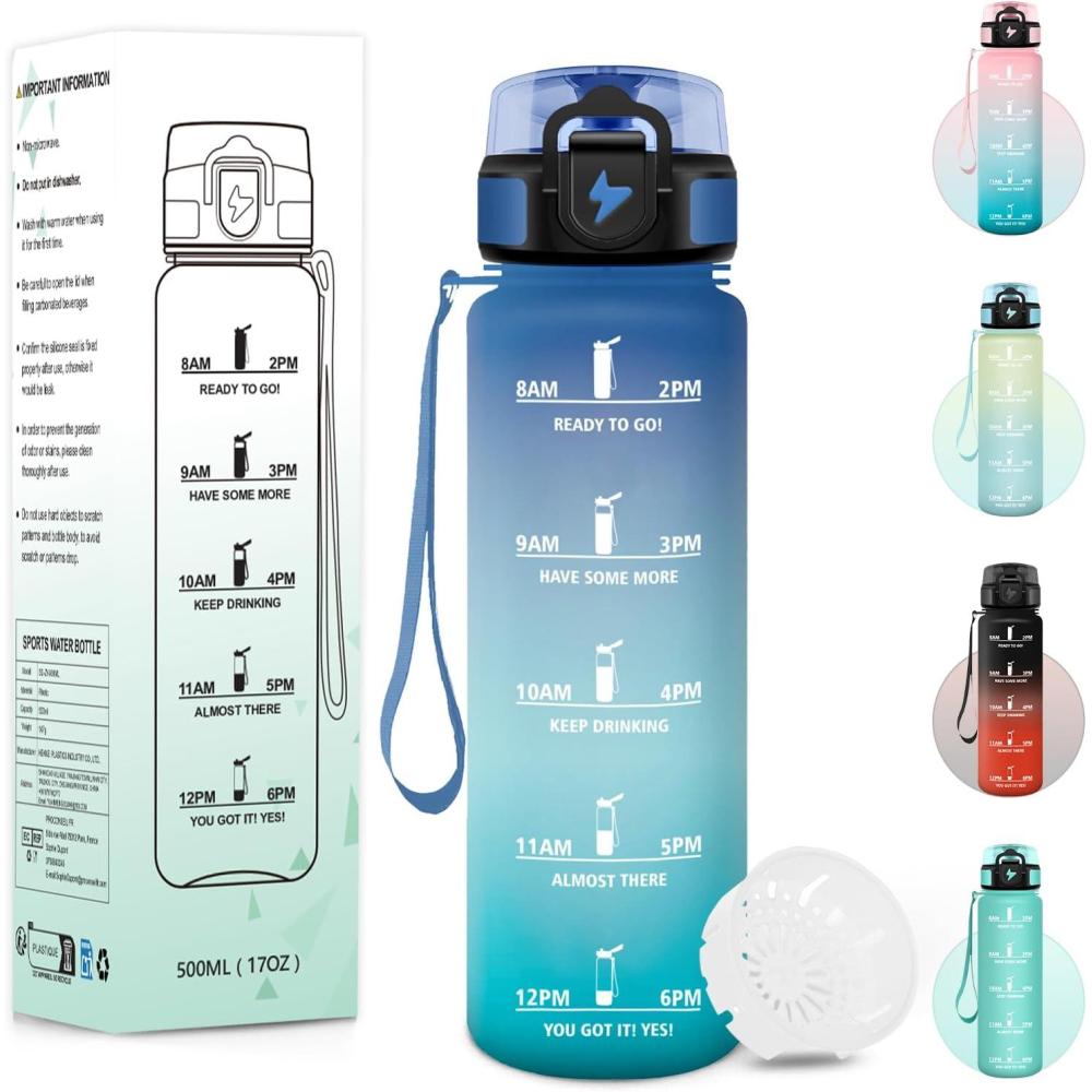 imageGourde 1000ML Sans BPA Gourde Motivation Avec Horodatage Bouteille Anti Fuite Conception de Verrouillage AntiFuite Bouteille plastique pour Yoga Aptitude Bleu marineBleuvert500ml
