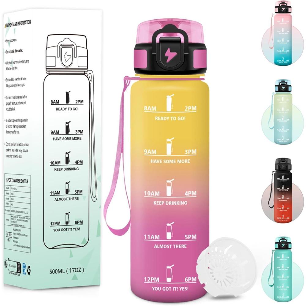 imageGourde 1000ML Sans BPA Gourde Motivation Avec Horodatage Bouteille Anti Fuite Conception de Verrouillage AntiFuite Bouteille plastique pour Yoga Aptitude Bleu marineJaunerose500ml