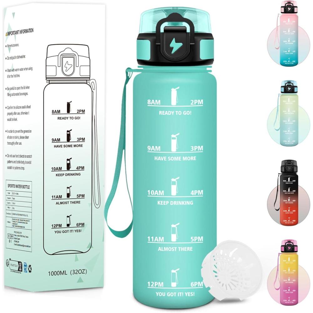 imageGourde 1000ML Sans BPA Gourde Motivation Avec Horodatage Bouteille Anti Fuite Conception de Verrouillage AntiFuite Bouteille plastique pour Yoga Aptitude Bleu marineBleuvert1000ml