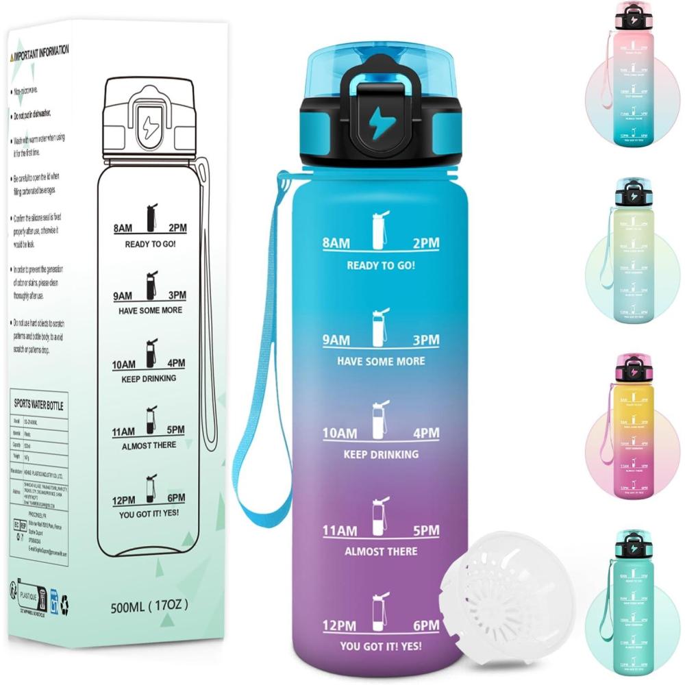 imageGourde 1000ML Sans BPA Gourde Motivation Avec Horodatage Bouteille Anti Fuite Conception de Verrouillage AntiFuite Bouteille plastique pour Yoga Aptitude  Bleu marineBleuviolet500ml