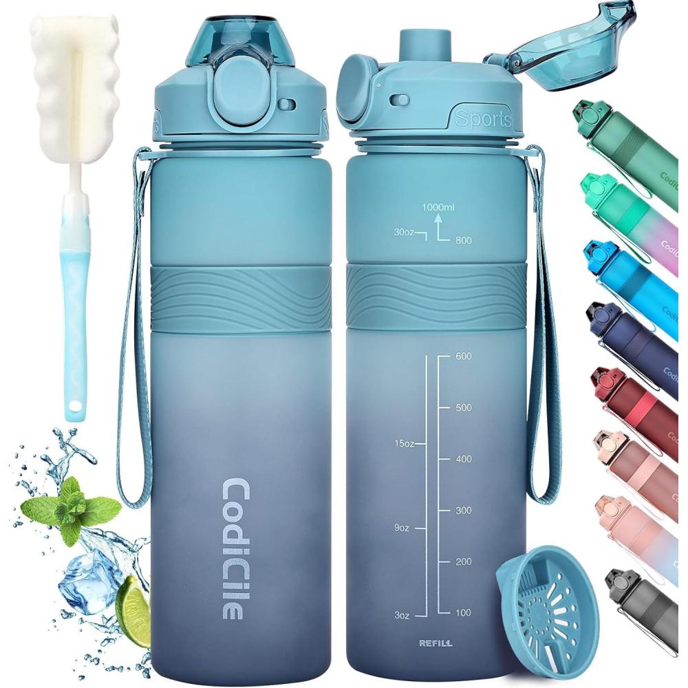 imageGourde 1l sans BPA Bouteille deau plastique grande tanche gourde sport 1 litre idale pour Gym School Office and Travel Bleu fonc clairBleu Fonc Clair