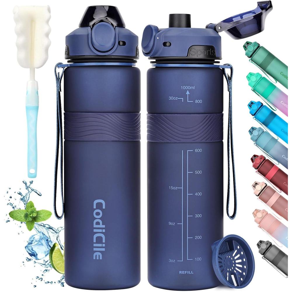 imageGourde 1l sans BPA Bouteille deau plastique grande tanche gourde sport 1 litre idale pour Gym School Office and Travel Bleu fonc clairBleu Marine
