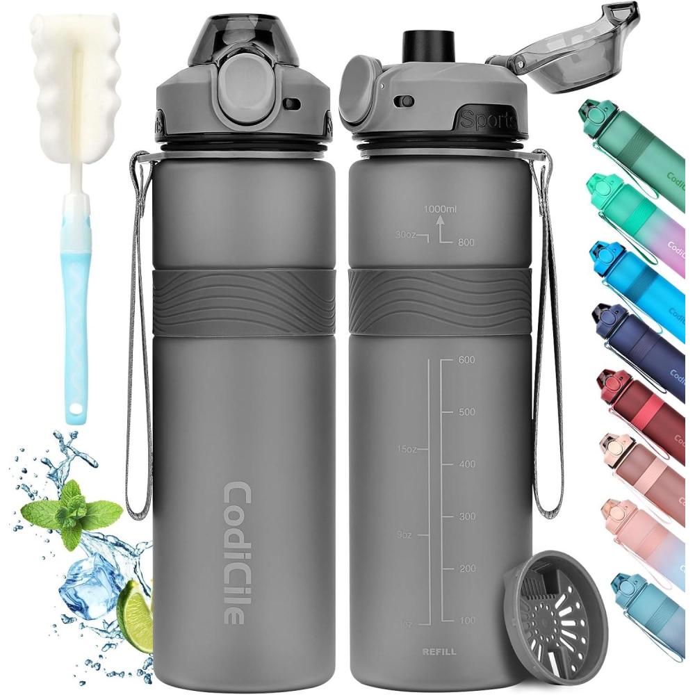 imageGourde 1l sans BPA Bouteille deau plastique grande tanche gourde sport 1 litre idale pour Gym School Office and Travel Bleu fonc clairGris Fonc