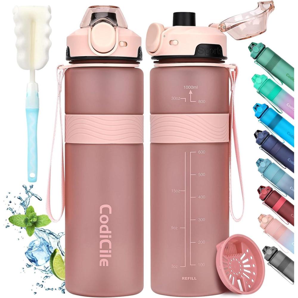imageGourde 1l sans BPA Bouteille deau plastique grande tanche gourde sport 1 litre idale pour Gym School Office and Travel Bleu fonc clairRosedor Rose