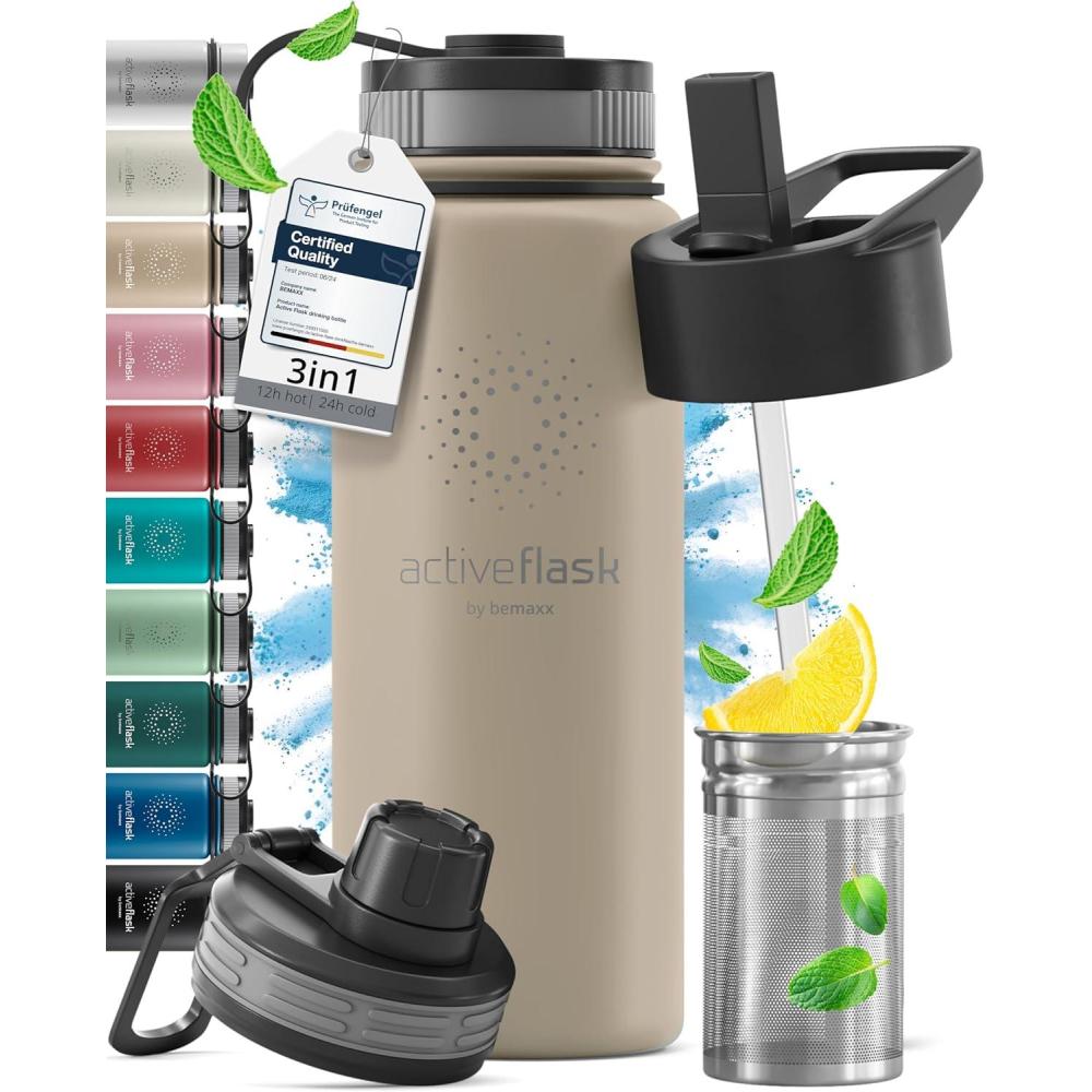 imageGourde Inox Isotherme ACTIVE FLASK 1l500ml sans BPA Paille 3 Bouchons Bouteille deau Acier Inoxydable Isole Thermos Rutilisable Camping Velo Sport Running Randonne Enfant Caf TheBeige
