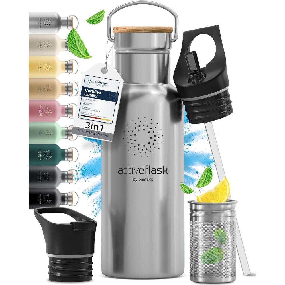 imageGourde Inox Isotherme ACTIVE FLASK 1l500ml sans BPA Paille 3 Bouchons Bouteille deau Acier Inoxydable Isole Thermos Rutilisable Camping Velo Sport Running Randonne Enfant Caf TheClassic Stainless Bamboo