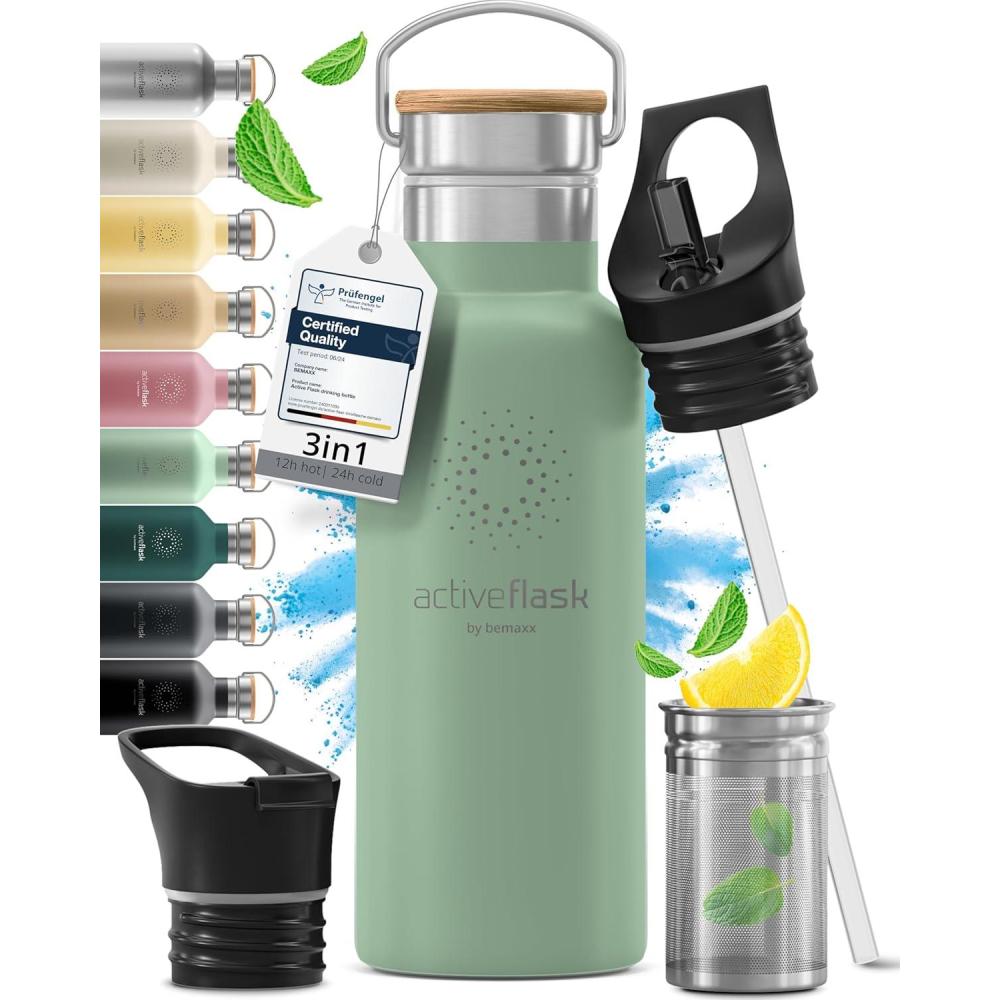 imageGourde Inox Isotherme ACTIVE FLASK 1l500ml sans BPA Paille 3 Bouchons Bouteille deau Acier Inoxydable Isole Thermos Rutilisable Camping Velo Sport Running Randonne Enfant Caf TheSage Bamboo