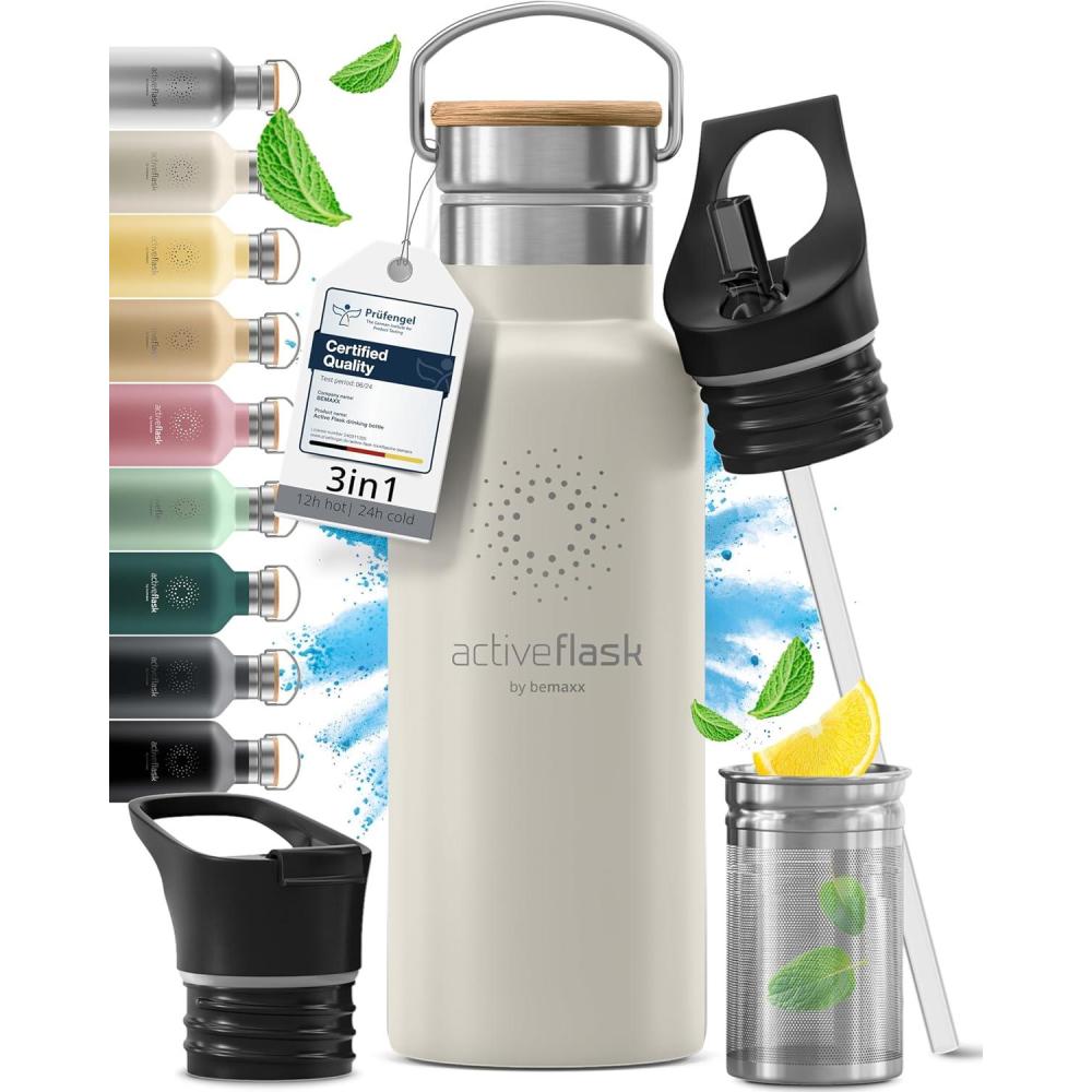 imageGourde Inox Isotherme ACTIVE FLASK 1l500ml sans BPA  Paille 3 Bouchons  Bouteille deau Acier Inoxydable Isole Thermos Rutilisable  Camping Velo Sport Running Randonne Enfant Caf TheCream White Bamboo
