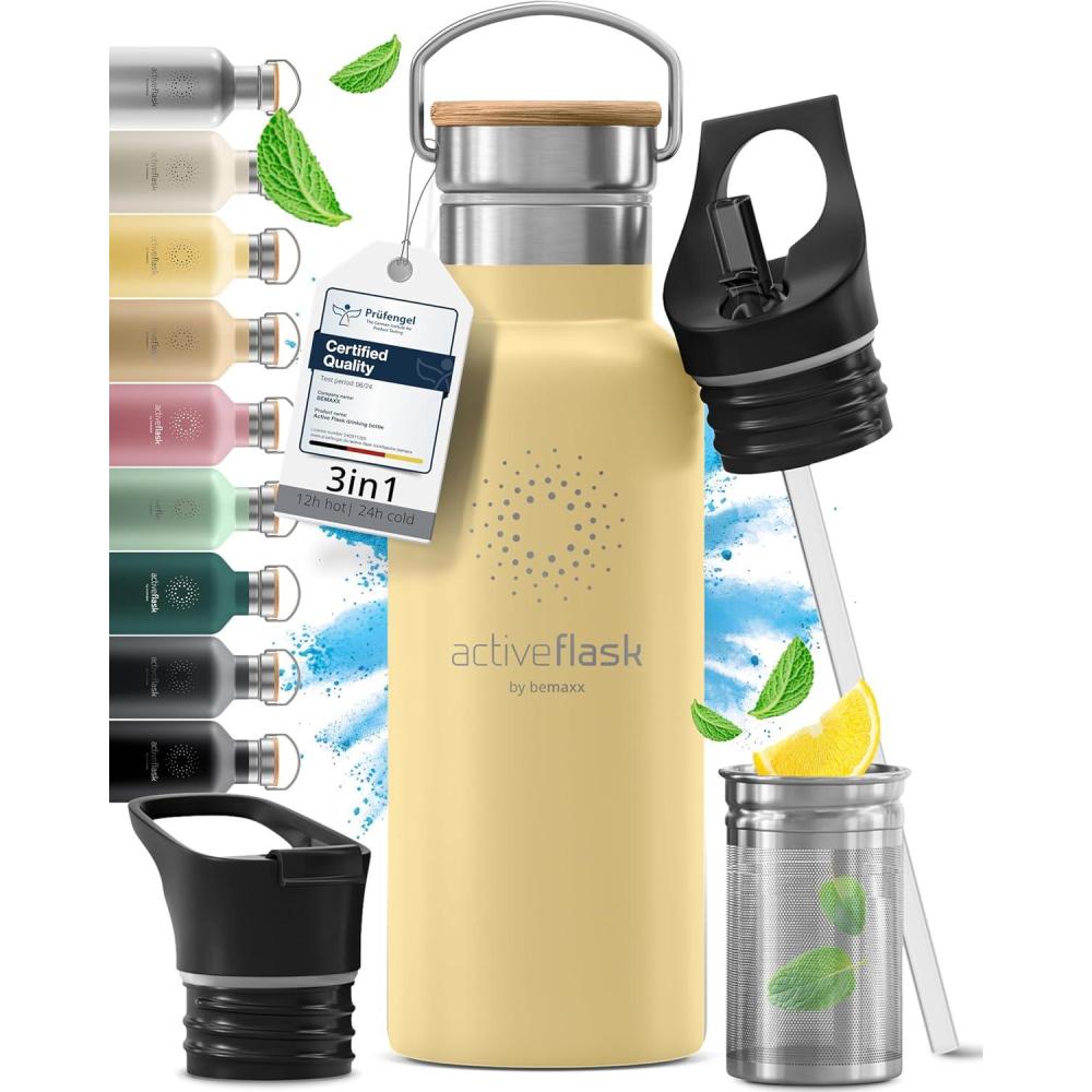 imageGourde Inox Isotherme ACTIVE FLASK 1l500ml sans BPA  Paille 3 Bouchons  Bouteille deau Acier Inoxydable Isole Thermos Rutilisable  Camping Velo Sport Running Randonne Enfant Caf ThePopcorn Bamboo