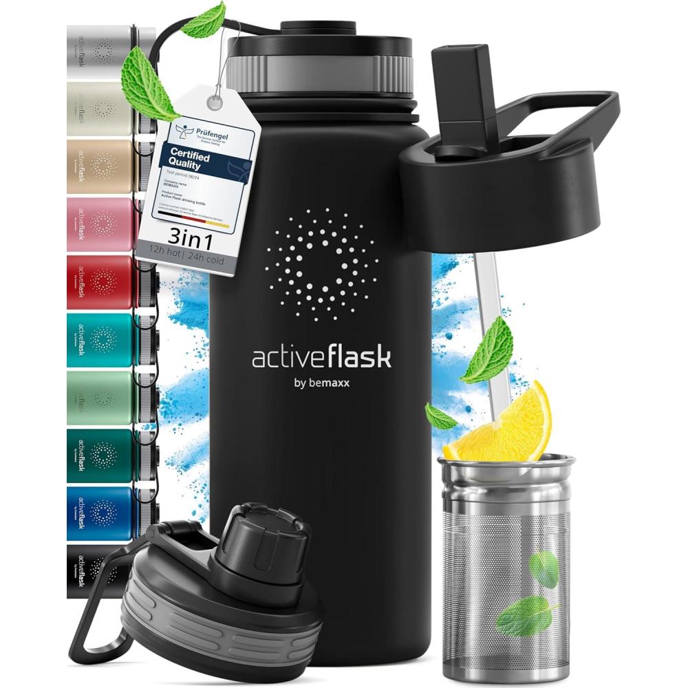 imageGourde Inox Isotherme ACTIVE FLASK 1l500ml sans BPA Paille 3 Bouchons Bouteille deau Acier Inoxydable Isole Thermos Rutilisable Camping Velo Sport Running Randonne Enfant Caf TheSolid Black