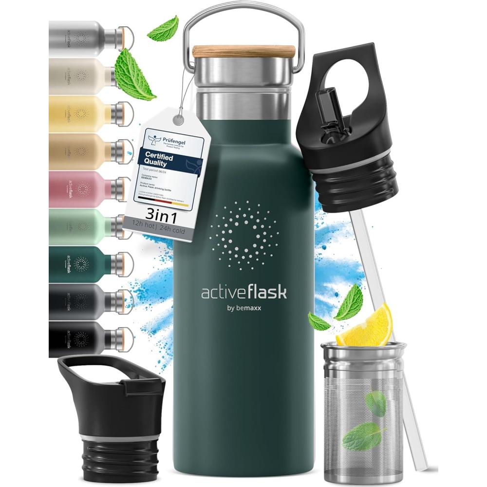 imageGourde Inox Isotherme ACTIVE FLASK 1l500ml sans BPA Paille 3 Bouchons Bouteille deau Acier Inoxydable Isole Thermos Rutilisable Camping Velo Sport Running Randonne Enfant Caf TheDark Teal Bamboo