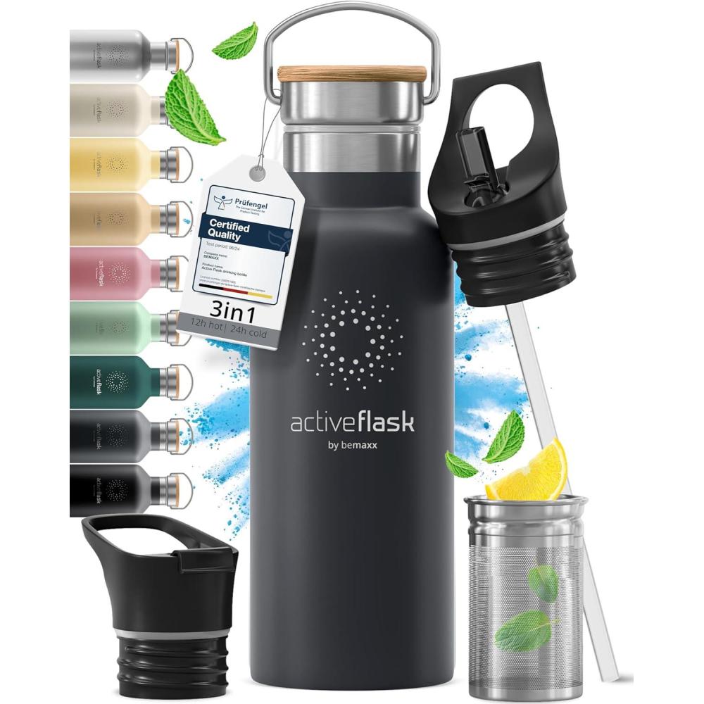 imageGourde Inox Isotherme ACTIVE FLASK 1l500ml sans BPA  Paille 3 Bouchons  Bouteille deau Acier Inoxydable Isole Thermos Rutilisable  Camping Velo Sport Running Randonne Enfant Caf TheCool Grey Bamboo