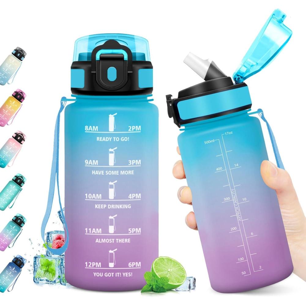 imageGourde Sport 1L Bouteille Rutilisable Gourde avec Paille et Marqueur de Temps Gourde sans BPA Bouteille Sport tanche Bouteille deau pour Sport Bureau Fitness Randonne Yoga Camping17oz500ml Paille Bleu Violet