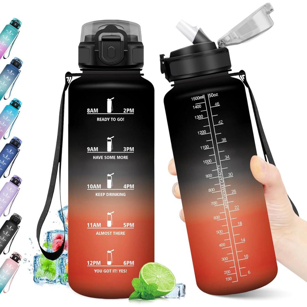 imageGourde Sport 1L Bouteille Rutilisable Gourde avec Paille et Marqueur de Temps Gourde sans BPA Bouteille Sport tanche Bouteille deau pour Sport Bureau Fitness Randonne Yoga Camping50oz1500ml Paille Noir Rouge