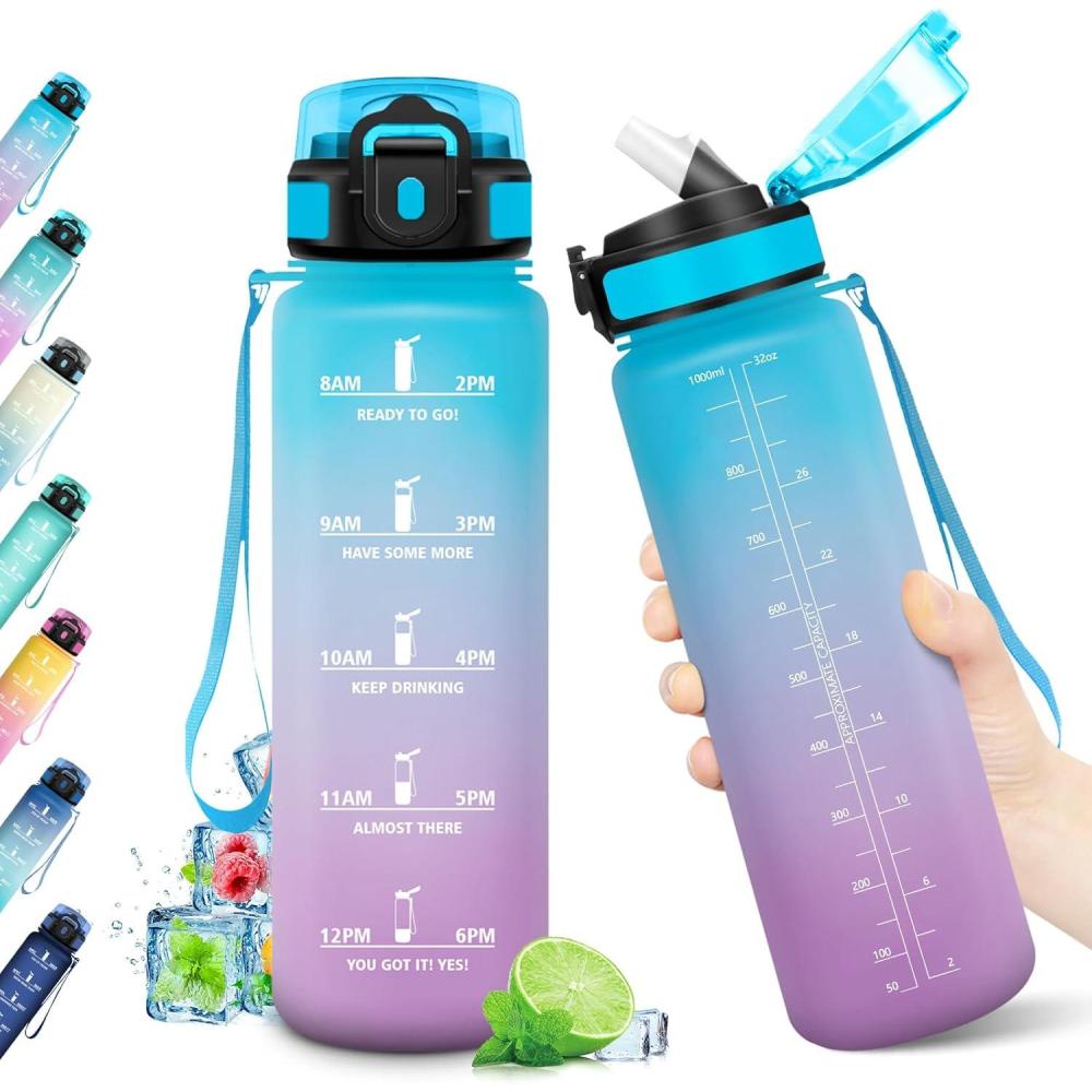imageGourde Sport 1L Bouteille Rutilisable Gourde avec Paille et Marqueur de Temps Gourde sans BPA Bouteille Sport tanche Bouteille deau pour Sport Bureau Fitness Randonne Yoga Camping32oz1000ml Paille Bleu Violet